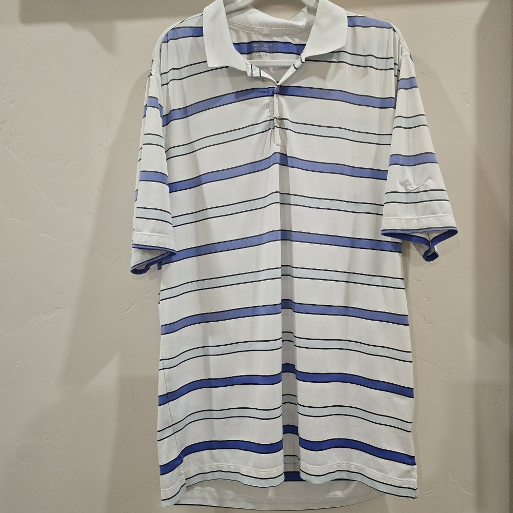 Nike Golf Dri-FIT Men's Blue White Striped Tour Performance Polo Shirt Large